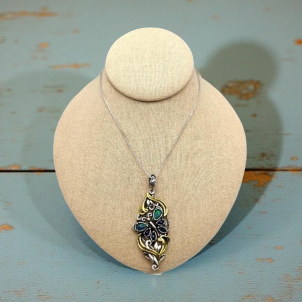 Carolyn Pollack Two Tone Sterling Silver & Brass Butterfly Pendant Necklace 18”